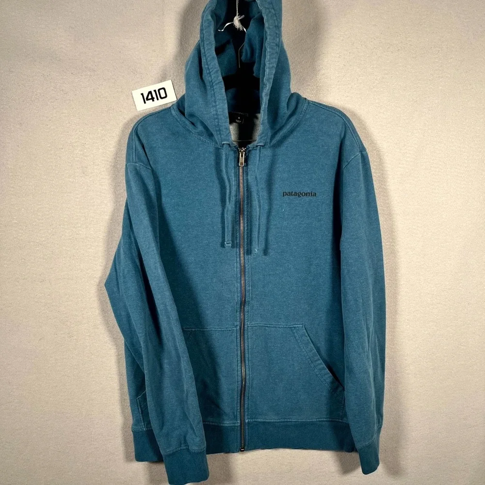 Patagonia Jacket Mens Small Blue Organic Cotton Wordmark Logo Full Zip Hooded
